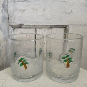 Anthropologie Set of 2 Hand Blown Palm Tree Icon Juice Glass Heavy Thick